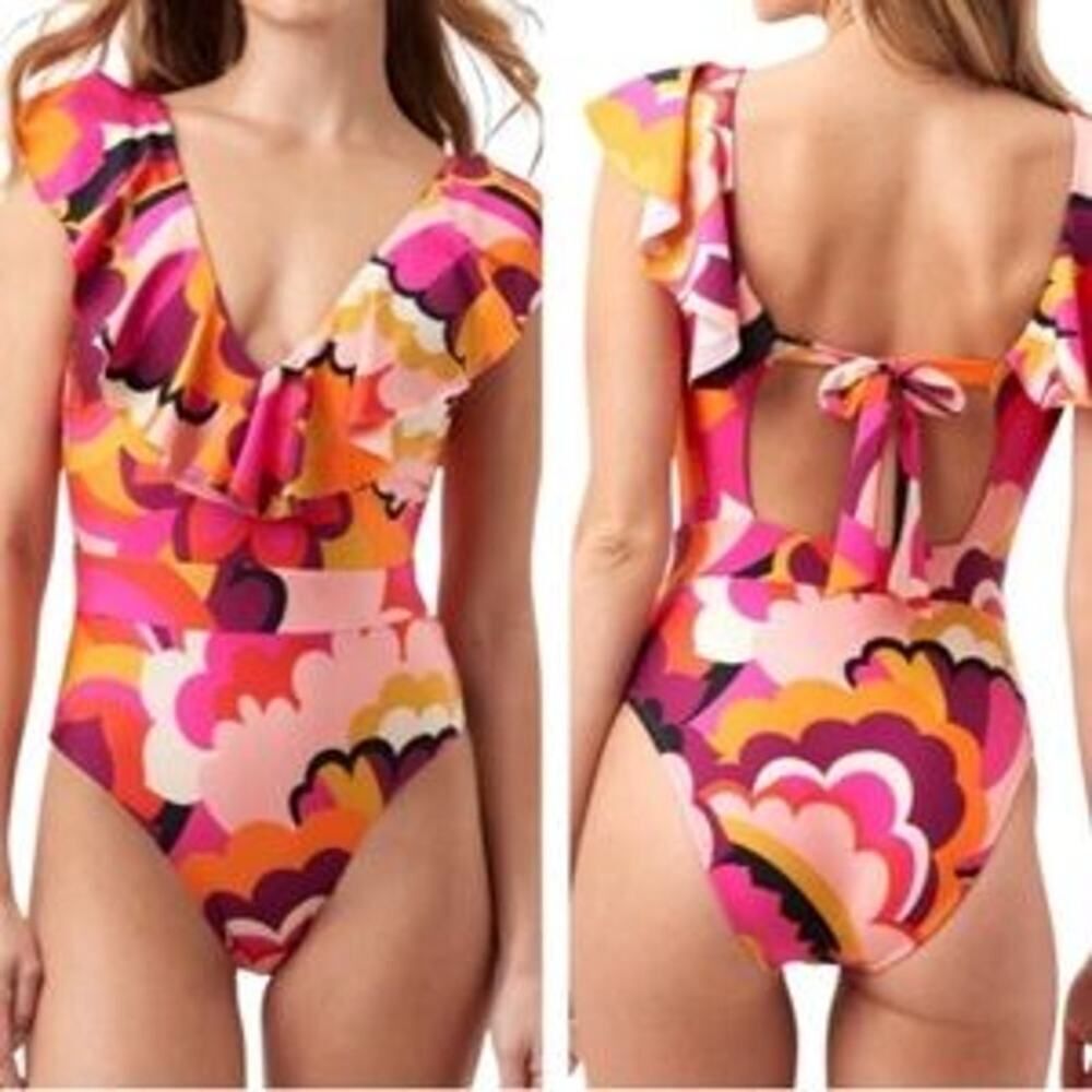 Trina Turk Fan Faire Ruffle Plunge One Piece Swimsuit NWOT Size 12